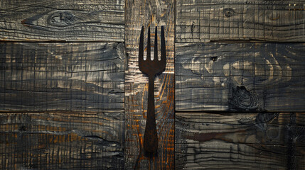Single dark metal fork on weathered wooden planks utensil