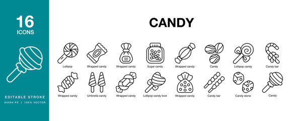 Candy icon set. Includes sugar, candy, sweet, food, dessert and More. Editable Stroke Icon Collection.