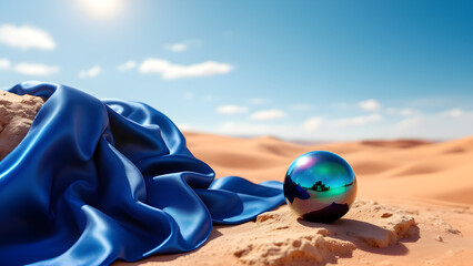 A blue silk fabric and iridescent sphere on sand dunes under a bright sunny sky landscape view