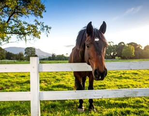 Horse by a white fence in a field