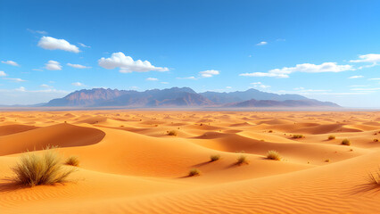 A scenic view of a vast desert landscape with rolling sand dunes and distant mountains under a blue sky