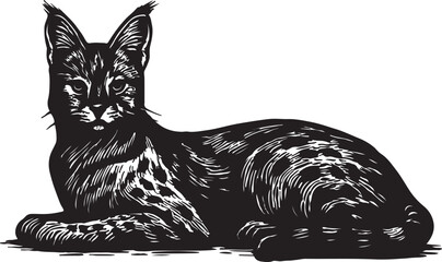 Detailed black and white woodcut illustration of a wild cat with spotted fur and tufted ears lying down © toomotion