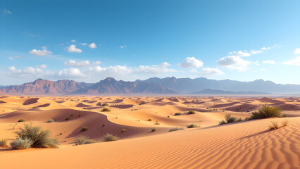 A panoramic view of a vast desert landscape with sand dunes and distant mountains under a clear blue sky
