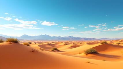 A vibrant desert landscape featuring rolling sand dunes with sparse vegetation under a clear blue sky view