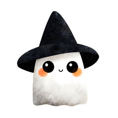 Cute ghost wearing a black witch hat isolated on transparent background