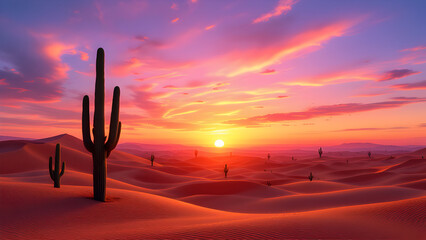A desert landscape featuring saguaro cacti under a vibrant sunset sky with pink and orange hues above dunes