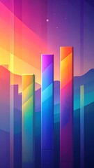 Vibrant, colorful bars rise against a stylized sunset landscape