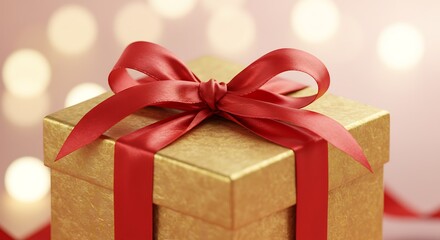 Obraz premium Golden gift box with red ribbon bow against soft bokeh background
