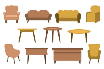 Furniture Collection: Armchairs, Sofas and Tables in a Flat Design