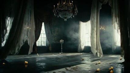 A dimly lit expansive room features a chandelier billowing curtains and scattered candles The floor appears wet - Powered by Adobe