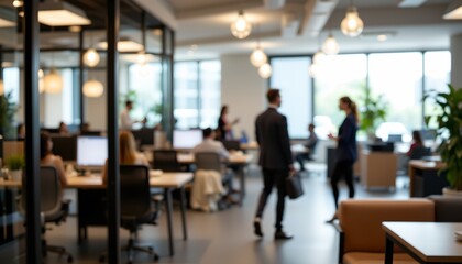 An open office environment with several people working individually or in small groups at various desks, which are equipped with laptops