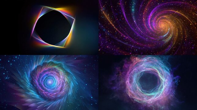 Geometric shapes & colorful spirals against a dark backdrop in artistic rendering montage.