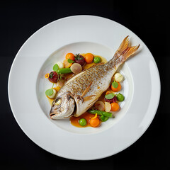 Golden—crusted dorado fillet on a bright pillow of stewed vegetables and juicy side dish is a gastronomic love from the first bite.