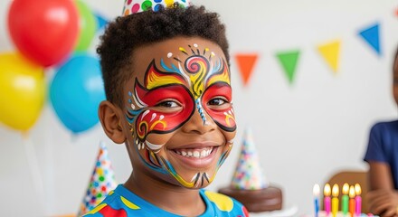 Young boy with colorful face paint smiling at birthday party