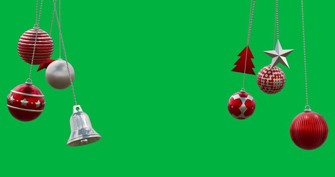 Red and silver christmas baubles and decorations swinging on transparent background
