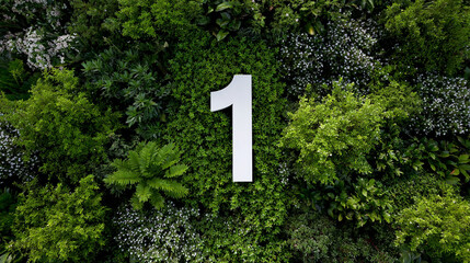 A crisp white number one emerges from a lush living wall abundant with diverse green foliage and delicate white flowers