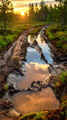 Forest path at sunset