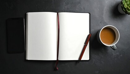 Flatlay of open notebook, pen, coffee, phone, and succulent