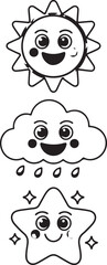 Fototapeta premium Cute hand drawn weather icons sun cloud with rain star with sparkles fun cartoon style