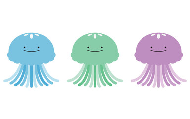 クラゲ　イラスト　ベクター　青　緑　紫　セット