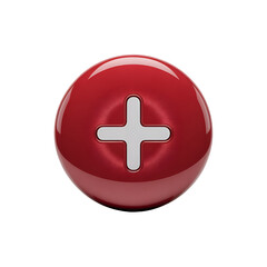 Obraz premium 3D Red Sphere with Embossed White Plus Sign Icon on Black Background graphic design
