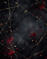 Elegant dark luxury Halloween background with black crushed velvet, gold foil spiderwebs and deep blood red splatters in Art Deco style