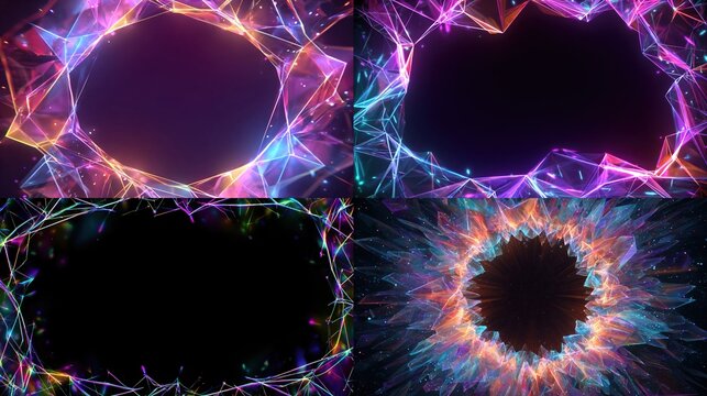 Abstract, geometric frames with vibrant, colorful, glowing lines and shapes on a black background