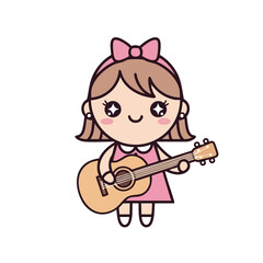 Adorable Cartoon Girl Playing Acoustic Guitar with Pink Dress and Bow
