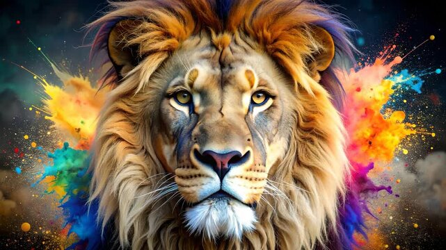 Majestic lion head with multicolored paint explosion, artistic composition, bold expression, wildlife concept