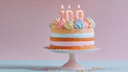 100th Birthday Cake Celebration with Colorful Candles and Pastel Frosting