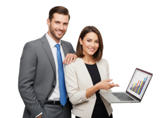 Business team working together, holding laptop showing screen, sucess business team, isolated on white or transparent background