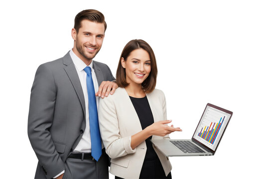 Business team working together, holding laptop showing screen, sucess business team, isolated on white or transparent background