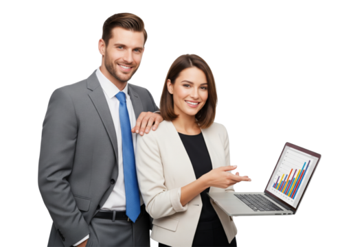 Business team working together, holding laptop showing screen, sucess business team, isolated on white or transparent background - Powered by Adobe