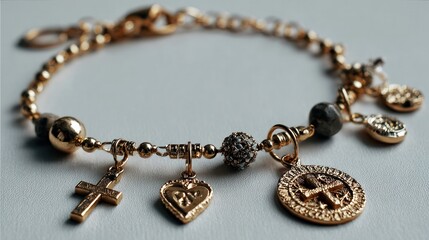 Close-up view of a delicate jewelry bracelet featu religious charms including a cross, heart, circular medallion, and decorative beads on a light background