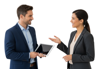 The business team working and discussing, holding tablet, isolated on a white or transparent background