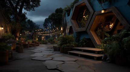 Fototapeta premium Enchanting Outdoor Restaurant or Bar with Hexagonal Pods and String Lights in a Lush Garden at Night