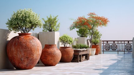 Bright outdoor terrace with large decorative clay pots containing lush green and flowe plants, scenic balcony with intricate railing design, sunny sky