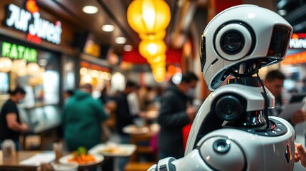 Robot in busy food court.