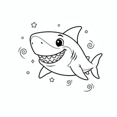 Fototapeta premium Happy cartoon shark smiling with wide jaws outline
