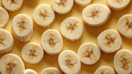 Close-up of Fresh Sliced Bananas on a Bright Yellow Background Showing Natural Texture and Fruity Appearance for Healthy Snack or Food Ingredient Concept