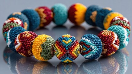 Vibrant Beaded Jewelry Bracelet Featu Handcrafted Colorful Seed Beads in Traditional Artistic Design on Reflective Surface