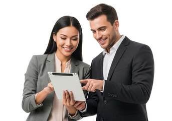 The business team working and discussing, holding tablet, isolated on a white or transparent background