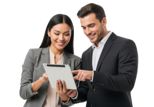 The business team working and discussing, holding tablet, isolated on a white or transparent background