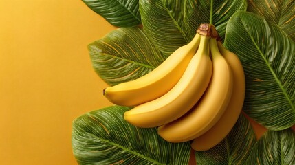 Fresh ripe yellow bananas hanging in bunch on large tropical green leaves with vibrant yellow background, healthy fruit, tropical produce, food, snack ingredients
