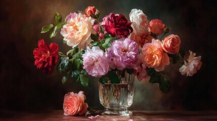 Elegant still life of vibrant peony and rose bouquet in crystal glass vase with soft dark background showcasing detailed floral arrangement and natural color diversity