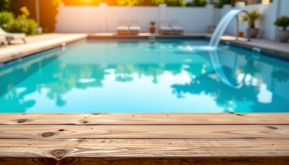 Obraz premium A serene poolside setting during what appears to be late afternoon, given the warm sunlight and long shadows