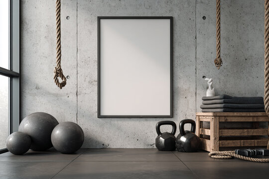 A blank vertical frame hangs on a raw concrete wall in a modern industrial gym surrounded by kettlebells heavy balls and climbing ropes ready for a tough workout
