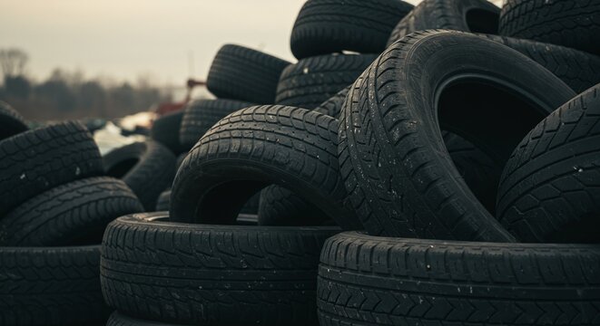 Large piles of discarded tires are accumulated outdoors at a scrapyard for recycling. Concept of large-scale tire waste collection. - Powered by Adobe