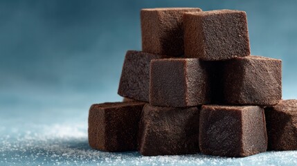 Close-up of six dark brown chocolate cubes stacked in a pyramid formation on a textured surface with a blurry blue background for a tempting sweet treat display