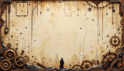 An intricate, industrial style room with a large, old fashioned wall clock in the background. The clock has visible gears and is set to a specific time